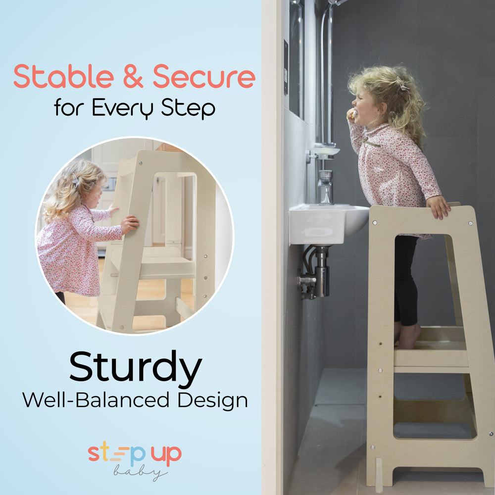 Unser Montessori Kleinkinderturm mit verstellbarer Stufe