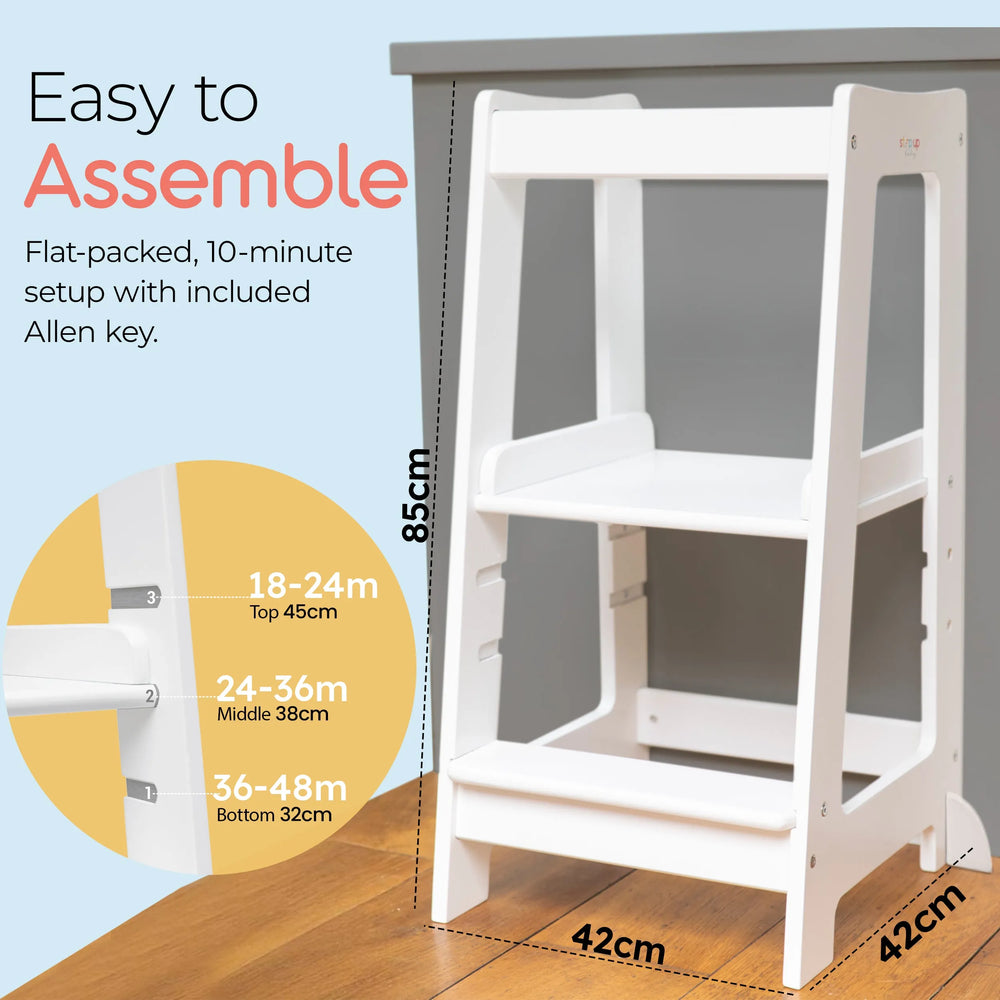 white easy to assemble toddler tower with platform heights